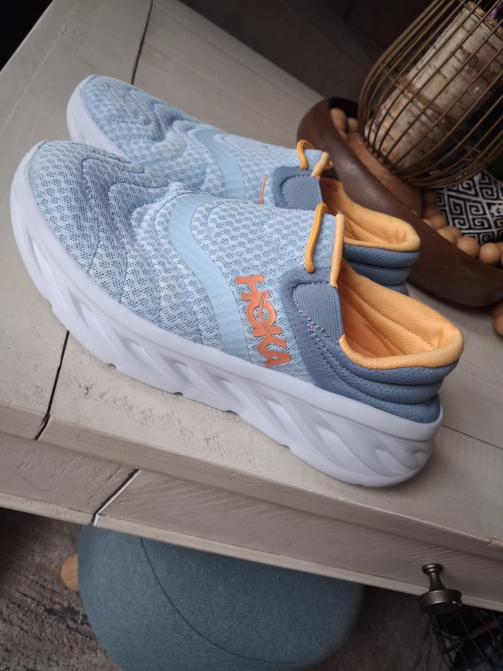 Hoka Light Blue and Peach Slip-On Sneakers